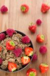 Bran Flakes With Fresh Raspberries And Strawberries Stock Photo