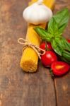 Italian Spaghetti Pasta Tomato And Basil Stock Photo