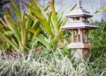 Wooden Lamp Decorated In Garden Stock Photo