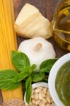 Italian Traditional Basil Pesto Pasta Ingredients Stock Photo