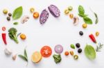 Various Fresh Vegetables And Herbs On White Background.ingredien Stock Photo