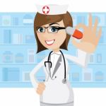 Cartoon Pharmacist Showing Pills In Drug Store Stock Photo