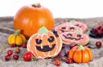 Halloween Decor Pumpkin Cookies Stock Photo