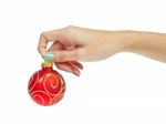 Female Woman Hand Holding Christmas Ball Stock Photo