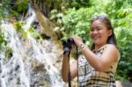 Girl Using Binoculars In Forest Stock Photo