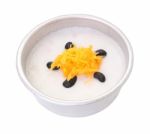 Gold Egg Yolk Threads And Black Bean Top Coconut Sticky Rice Cup On White Background Stock Photo