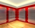 Glass Shelves In Red Empty Room Stock Photo