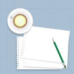 Coffee Cup,paper And Pencil On Blue Grid Background Stock Photo