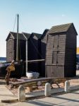 Fishermen's Sheds And Boat  In Hastings Stock Photo