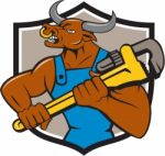 Minotaur Bull Plumber Wrench Crest Cartoon Stock Photo