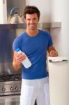 Guy Getting Milk From Fridge Stock Photo