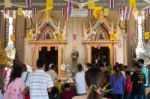 Samutprakarn, Thailand - July 19: Thai Buddhist Decorate Temple With Thailand Flag And Yellow Buddhism Symbol Flag To Celebrating On Asalha Puja Day Or Asalha Bucha Day Before Khao Phansa Day Stock Photo