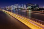 Long Exposure Photography Of Siriraj Hostipal And Lighting Of Boat Traffic In Chaopraya River Important Landmark Of Bangkok Thailand Capital Stock Photo