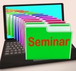 Seminar Folders Laptop Show Convention Presentation Or Meeting Stock Photo