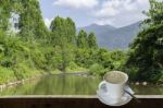 Isolated Hot Coffee Put A Glass Of White With A Casual Break From Work  Background Waterfall With Clipping Path Stock Photo