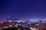 Downtown Skyline Of Seoul, South Korea With Seoul Tower And Star Stock Photo