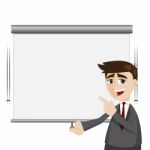 Cartoon Businessman Pull Down Presentation Board Stock Photo