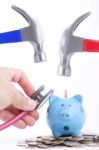 Check Your Money Before Use Hold Hammer To Hit Piggy Bank Stock Photo