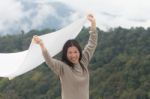 Woman Hands Raise White Scarf Stock Photo