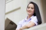 Portrait Of Thai High School Student Uniform Teen Beautiful Girl Happy And Relax, Stock Photo