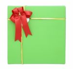 Green Gift Box With Red Ribbon Bow Isolated On White With Clippi Stock Photo