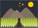 Mountain And Tree View Night Illustration Stock Photo