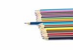 Multicolored Pencils On White Background To Create A Collage Stock Photo