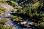 Creek In Glacier National Park Next To The Going To The Sun Road Stock Photo