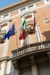 Flags Flying On A Building In Venice Stock Photo