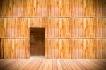 Wooden Wall With Door And Wood Floor In Front Off Stock Photo