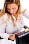 Top View Of Surprised Businesswoman Looking Document Stock Photo