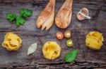 Italian Foods Concept And Menu Design. Dried Homemade Fettuccine Stock Photo