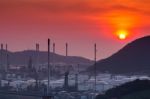 Oil Refinery With Beautiful Sunset Background Stock Photo