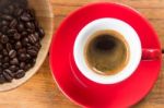 Fresh Brewed Hot Espresso In Red Cup Stock Photo