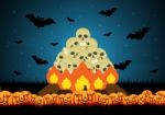 Halloween Skull Bonfire Pumpkin Bat  Stock Photo