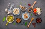 Ingredients For The Healthy Foods Background Mixed Nuts, Honey, Stock Photo