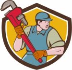 Plumber Running Monkey Wrench Crest Cartoon Stock Photo