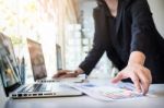 Working Process Startup. Businessman Working At The Wood Table W Stock Photo