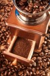 Vintage Manual Coffee Grinder With Coffee Beans Stock Photo