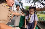 Student 9-10 Years Old, Welcome To Boy Scout Camp In Bangkok Thailand Stock Photo