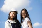 Two Asia Thai High School Student Best Friends Beautiful Girl Smile And Funny Stock Photo