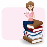 Cartoon Woman Writing Diary On Stack Of Book Stock Photo