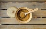 Brow Sugar In Wooden Sugar Bowl Stock Photo