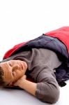 Man Resting In Sleeping Bag Stock Photo