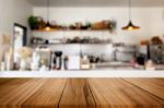 Selected Focus Empty Brown Wooden Table And Coffee Shop Or Resta Stock Photo