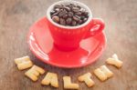 Healthy Alphabet Biscuit With Red Coffee Cup Stock Photo