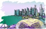 Sketch City Scape Of Singapore Skyline, Free Hand Draw Illustration Stock Photo