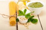 Italian Traditional Basil Pesto Pasta Ingredients Stock Photo