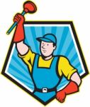 Super Plumber Wielding Plunger Pentagon Cartoon Stock Photo