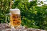 Glass Mug With Beer Standing On The Big Stone Stock Photo